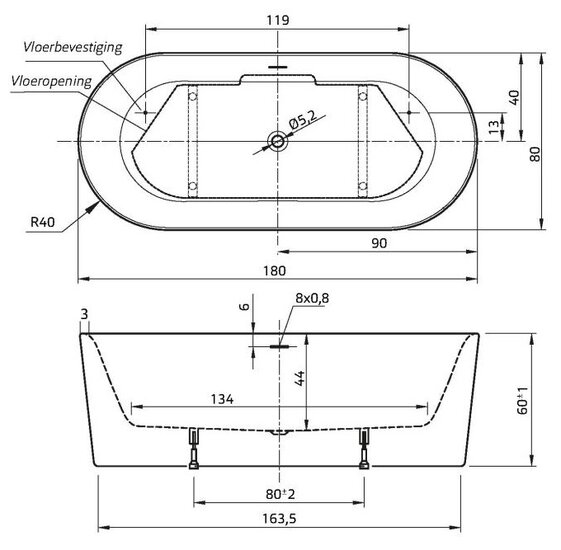 Xenz ligbad Friso 1800x800mm vrijstaand