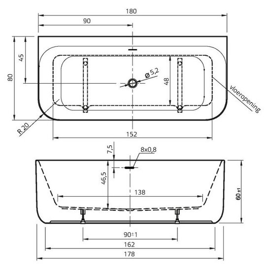 Xenz ligbad Taylor 1800x800mm half vrijstaand