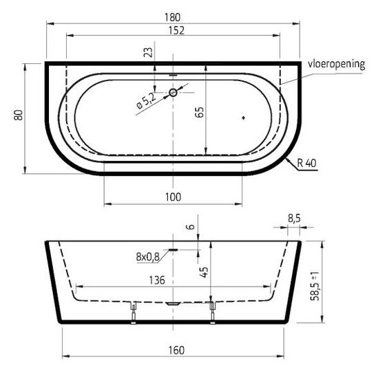 Xenz ligbad Charley 1800x800mm half vrijstaand