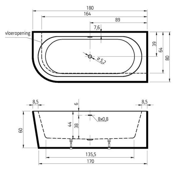 Xenz ligbad Charley 1800x800mm rechts half vrijstaand