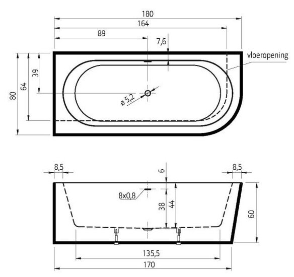 Xenz ligbad Charley 1800x800mm links half vrijstaand